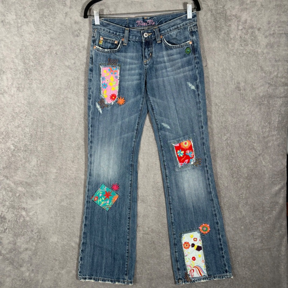 Miss Me JP5223 Floral Patchwork Bootcut Jeans Blue Denim Low Rise 27 Boho Y2K